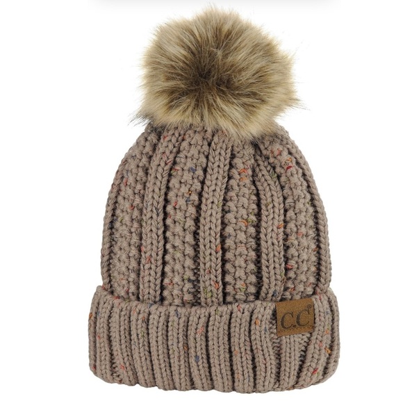 C.C. Thick Cable Knit Faux Fuzzy Pom Fleece Lined Beanie - Picture 1 of 7